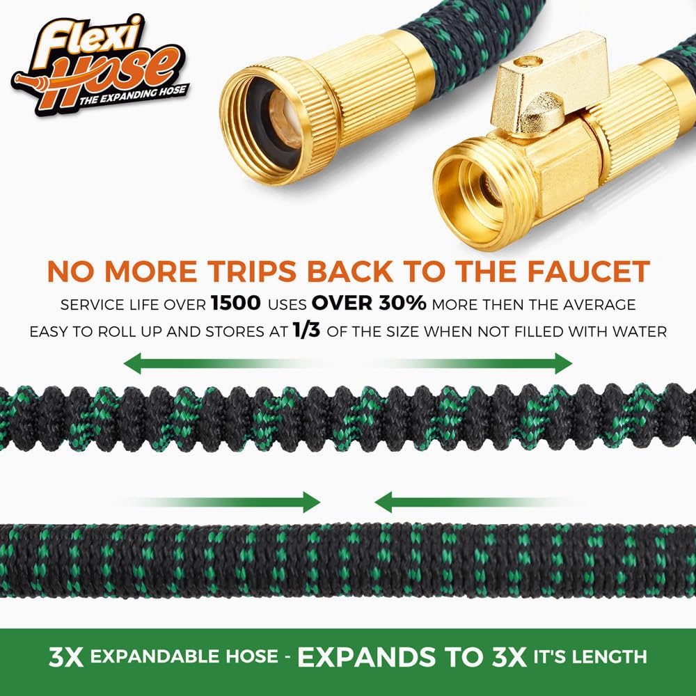 Flexi Hose with 8 Function Nozzle, 50FT - Lightweight Expandable Garden Hose, No-Kink Flexibility, 3/4 Inch Solid Brass Fittings and Double Latex Core - Black and Green