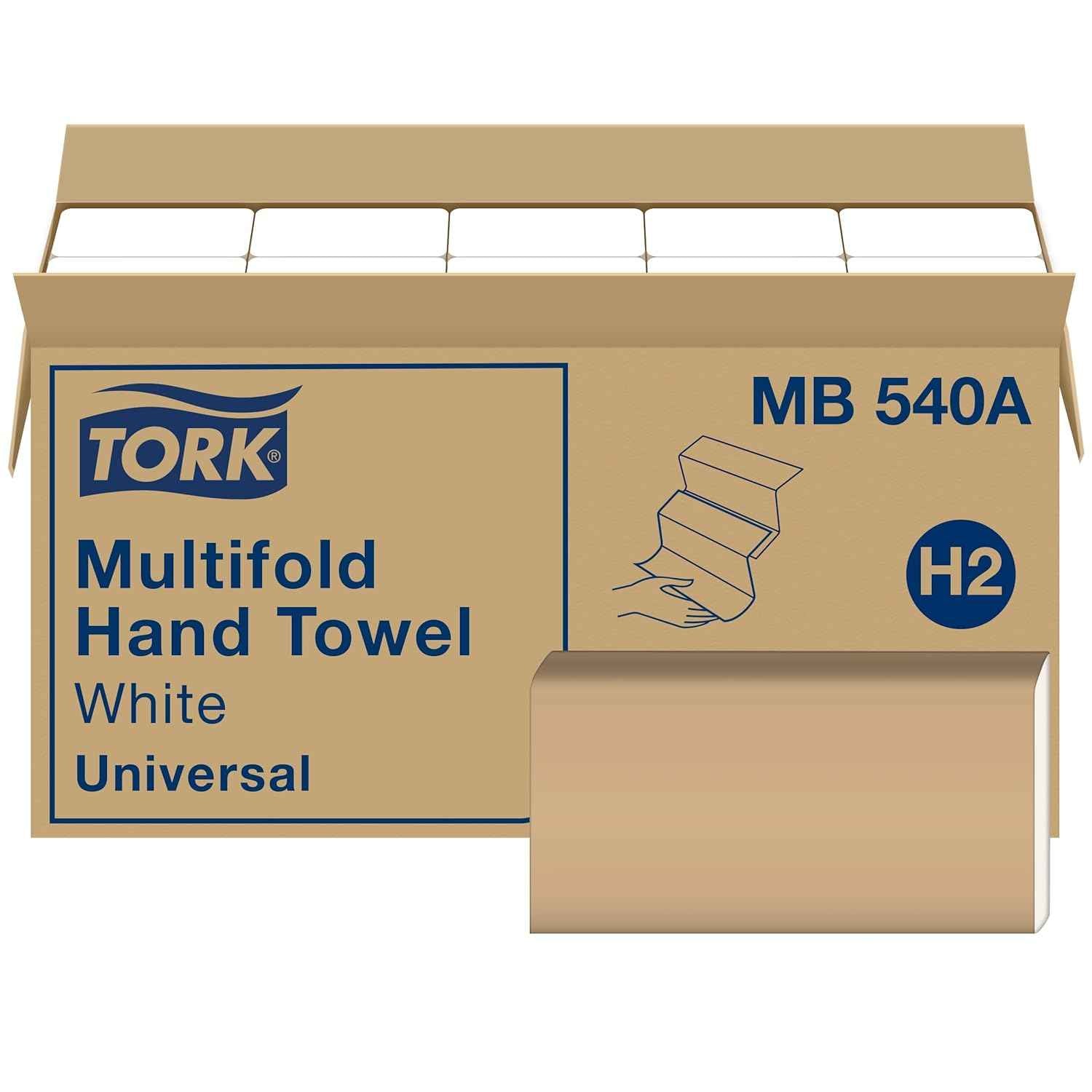 Tork Multifold Hand Towel White H2, 16 x 250 Towels, MB540A | Compatible with H2 Dispensers, 1-Ply, Universal, 100% Recycled Fibers