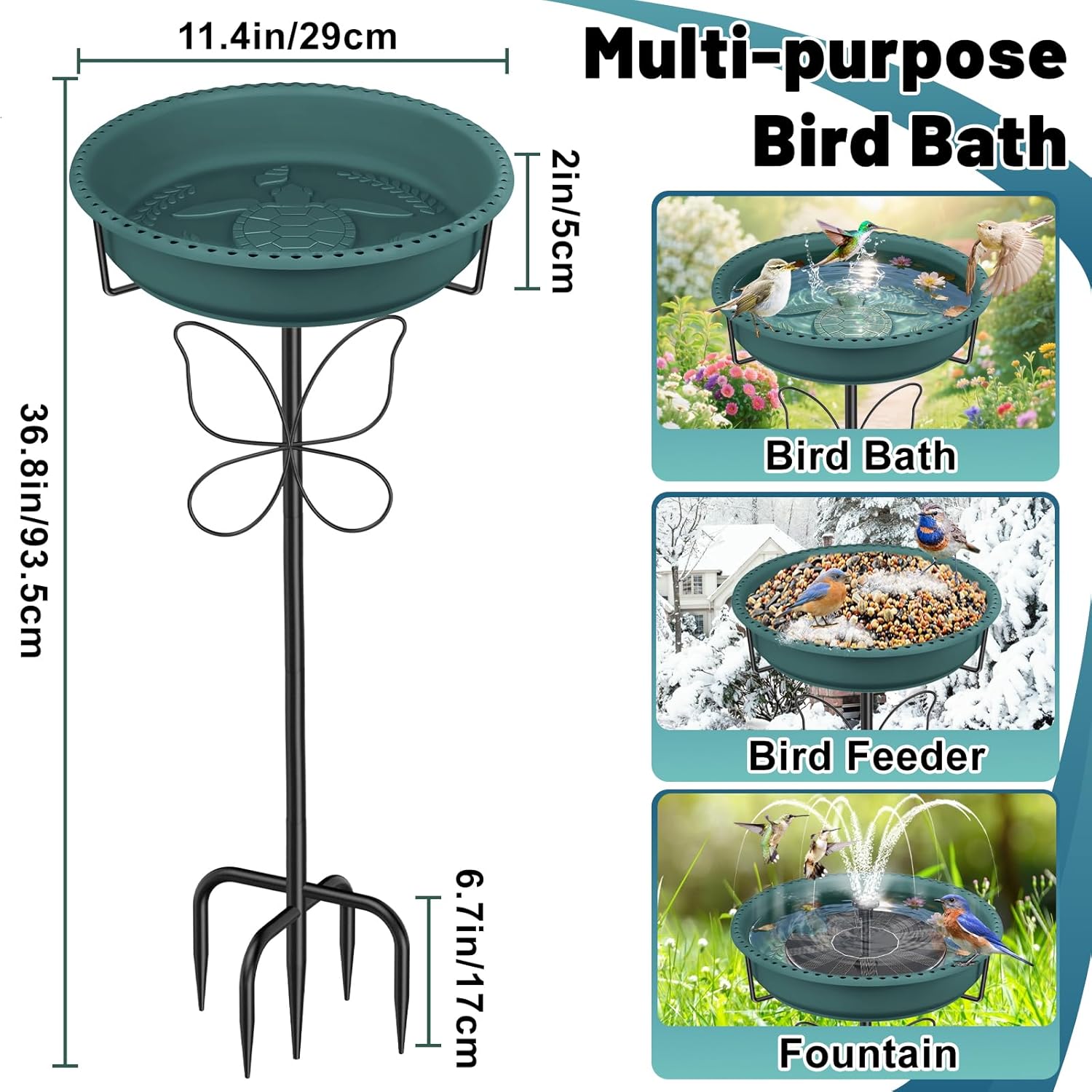 Bird Bath for Outside, Garden Freestanding Birdbath & Birdfeeder with Removable Bowl, Bird Baths Feeder for Outdoors Garden Patio Yard Lawn Decor, 5-Pronged Base & Easy to Clean(Green)