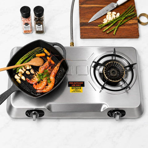 XtremepowerUS Double Burner Propane Stove, 25,516 BTU Outdoor Camping Cooktop with Auto Ignition, Portable Stainless Steel LPG Gas Stove for Camping, RV, Tailgating & Outdoor Cooking