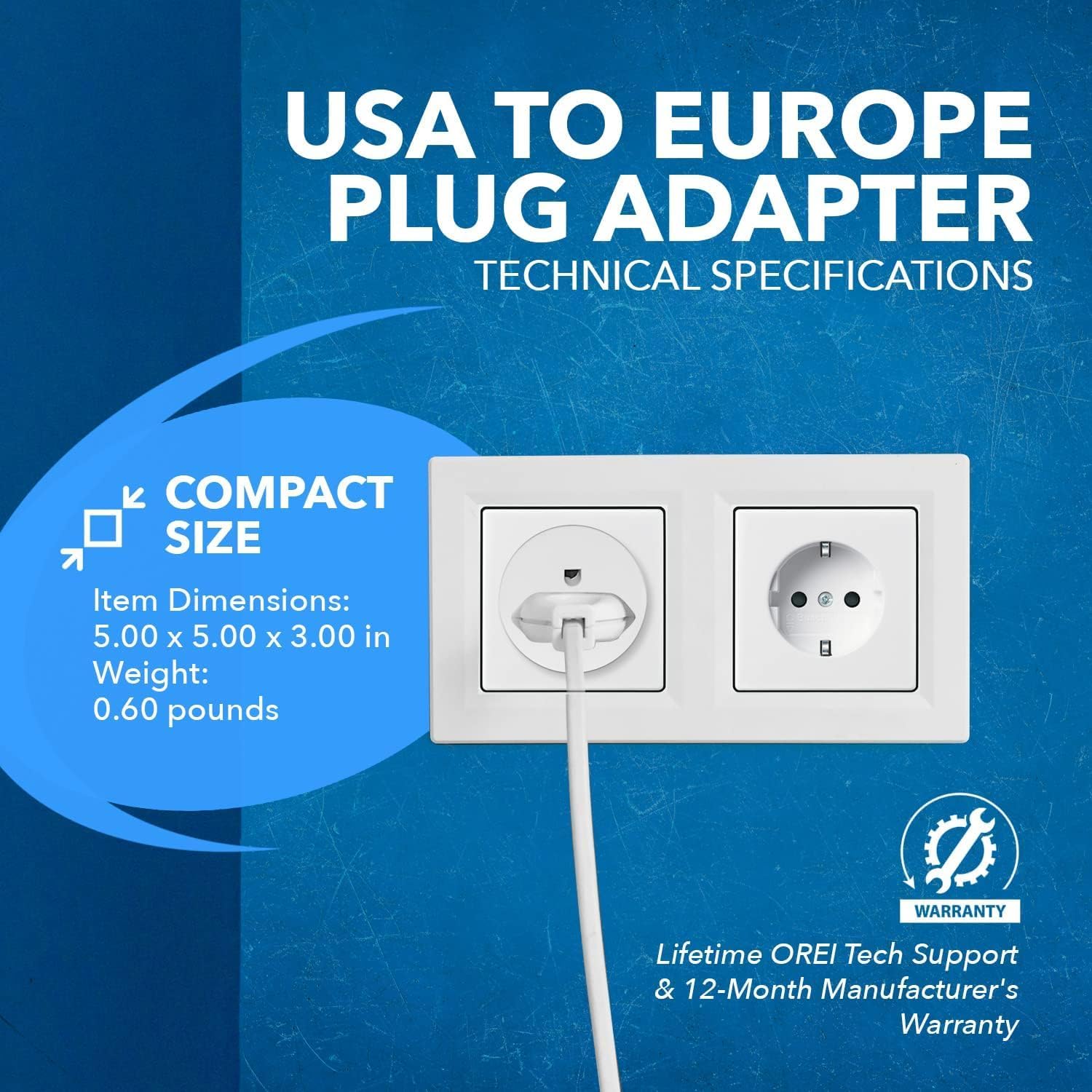 OREI USA to Europe Plug Adapter, Type E/F Schuko, Germany, France - 6 Pack