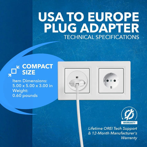 OREI USA to Europe Plug Adapter, Type E/F Schuko, Germany, France - 6 Pack