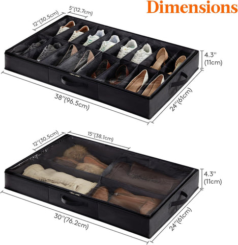 Lifewit Under Bed Shoe Storage Organizer 2 Pack(16 Shoes Cells+4 Boots Cells), 4.3 Inches Profile Fabric Shoes Container Box with Clear Cover, Foldable Storage Bag with 2 Handles, Fits 24 to 40 Pairs