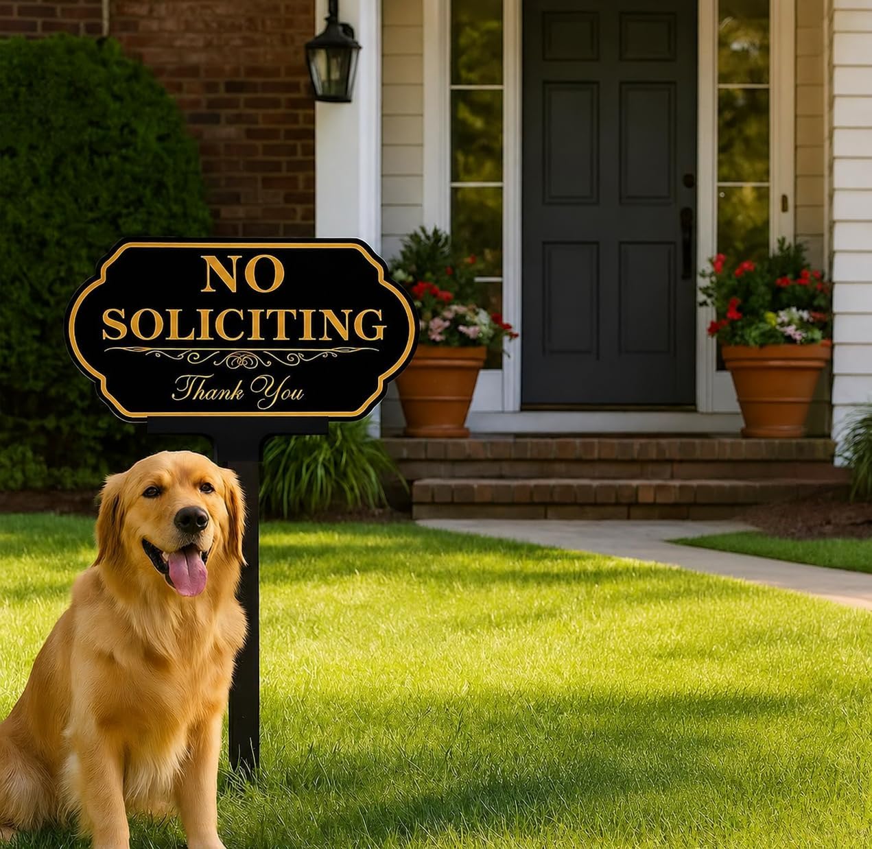 No Soliciting Sign for House with Stake - 50-mil Thick Aluminum - 5x10 Inch/37 Inch High - Adjustable Height - Outdoor Yard Sign for Home and Front Door (A1512)