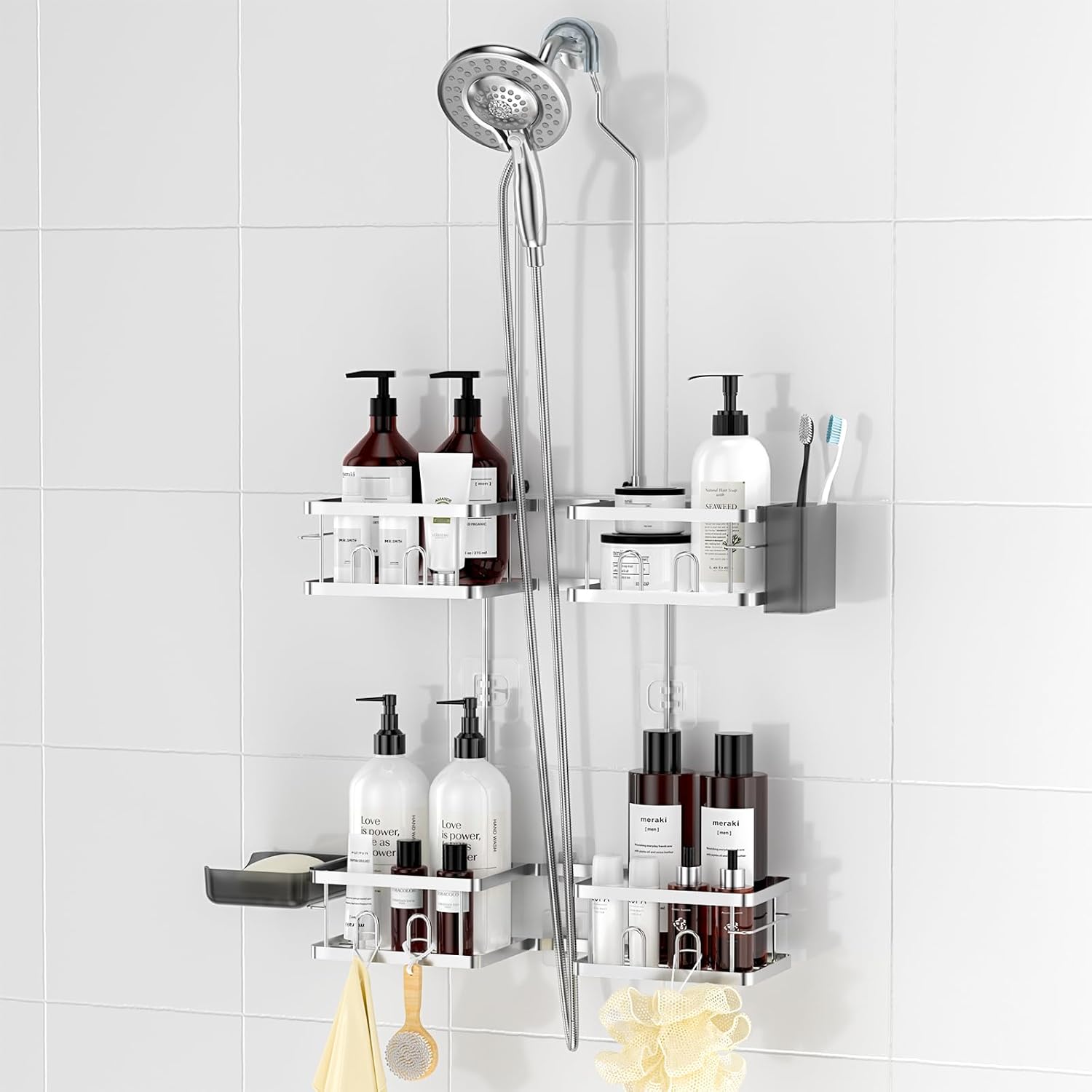 REINHARDT Adjustable Shower Caddy Hanging for Handheld Showerheads, Silver