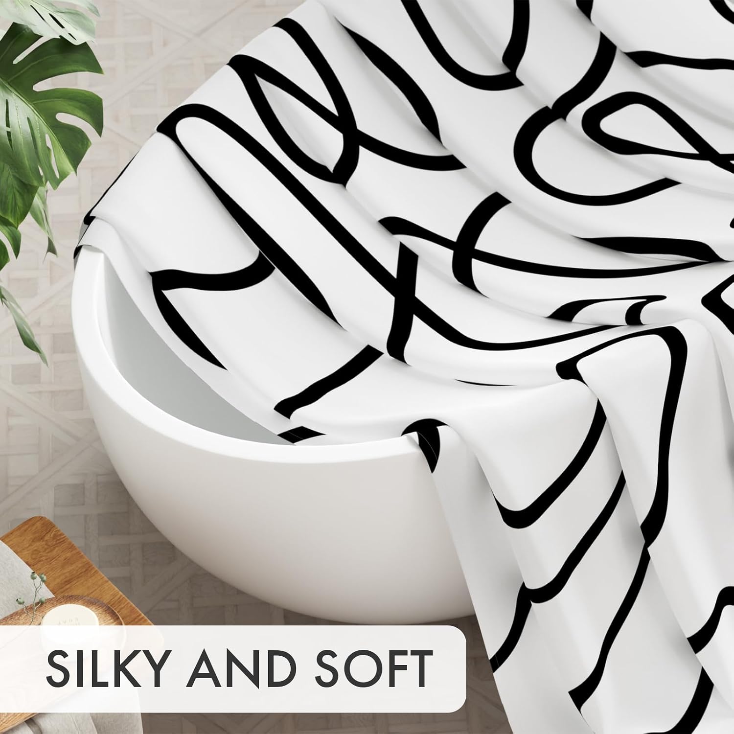 AmazerBath Shower Curtain, Washable Cloth Black and White Shower Curtain Sets with 12 Metal Shower Curtain Hooks, Rustic Abstract Black Lines Art Fabric Shower Curtains for Bathroom Decor, 72x72 Inch