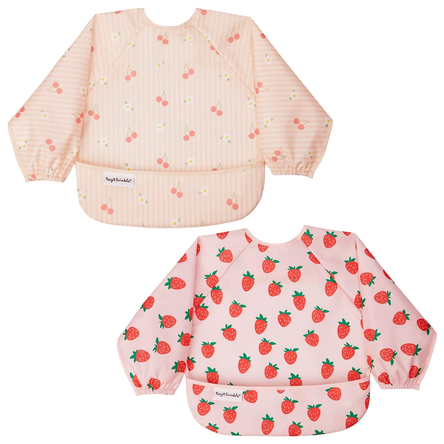 Tiny Twinkle Long Sleeve Bib for Babies&Toddlers|2-Pack Waterproof Smock Bib for Eating|Machine Washable&Mess-Proof Feeding Essentials|Newborn Shower Gift(Cherry Coquette,Strawberries,6-24M)