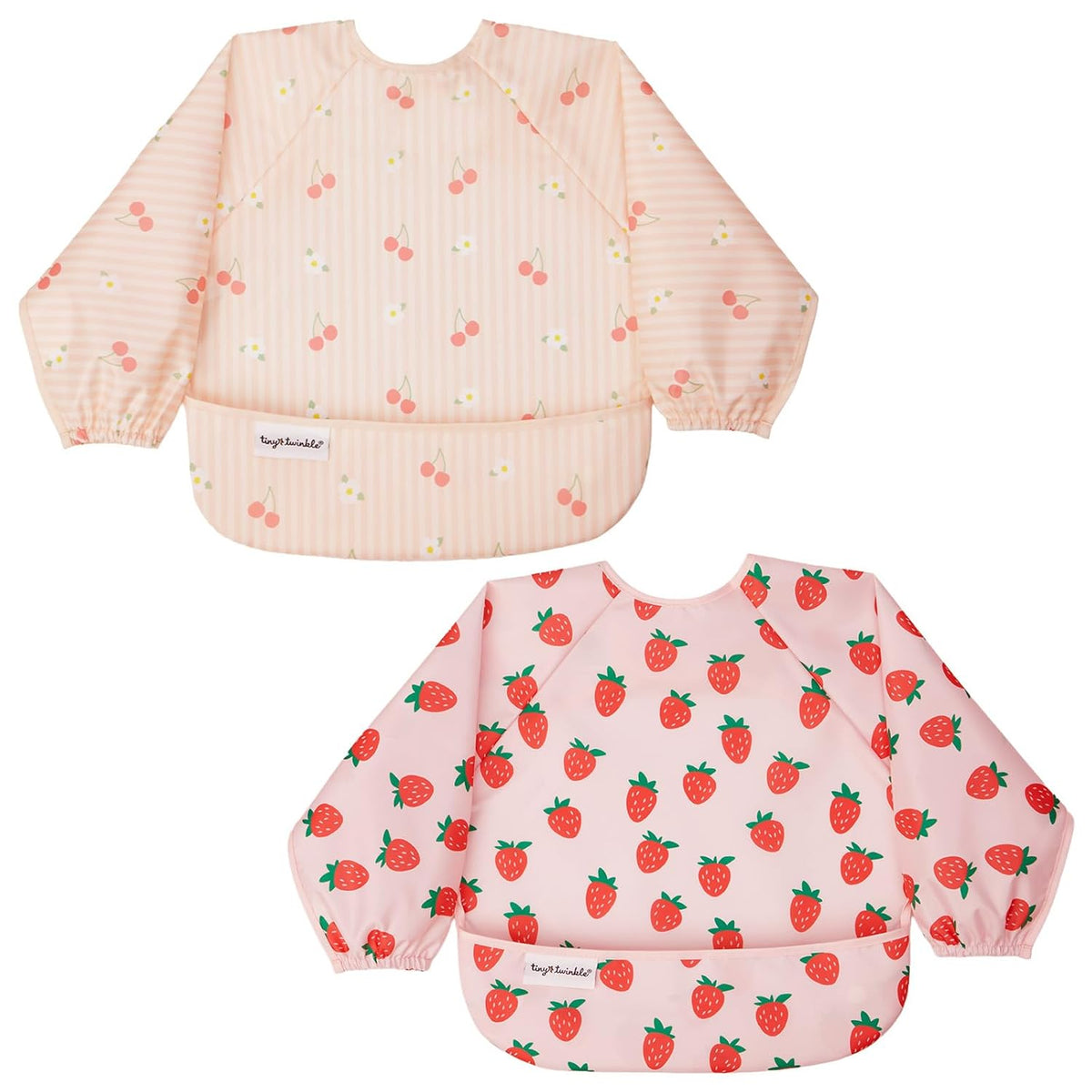 Tiny Twinkle Long Sleeve Bib for Babies&Toddlers|2-Pack Waterproof Smock Bib for Eating|Machine Washable&Mess-Proof Feeding Essentials|Newborn Shower Gift(Cherry Coquette,Strawberries,6-24M)