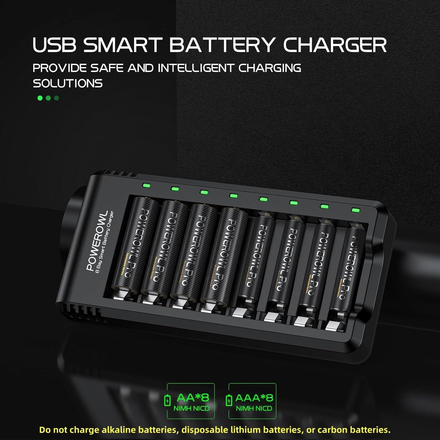 POWEROWL 8 Bay AA AAA Battery Charger, USB High-Speed Charging, Independent Slot, for Ni-MH Rechargeable Batteries, No Adapter