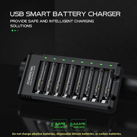 POWEROWL 8 Bay AA AAA Battery Charger, USB High-Speed Charging, Independent Slot, for Ni-MH Rechargeable Batteries, No Adapter