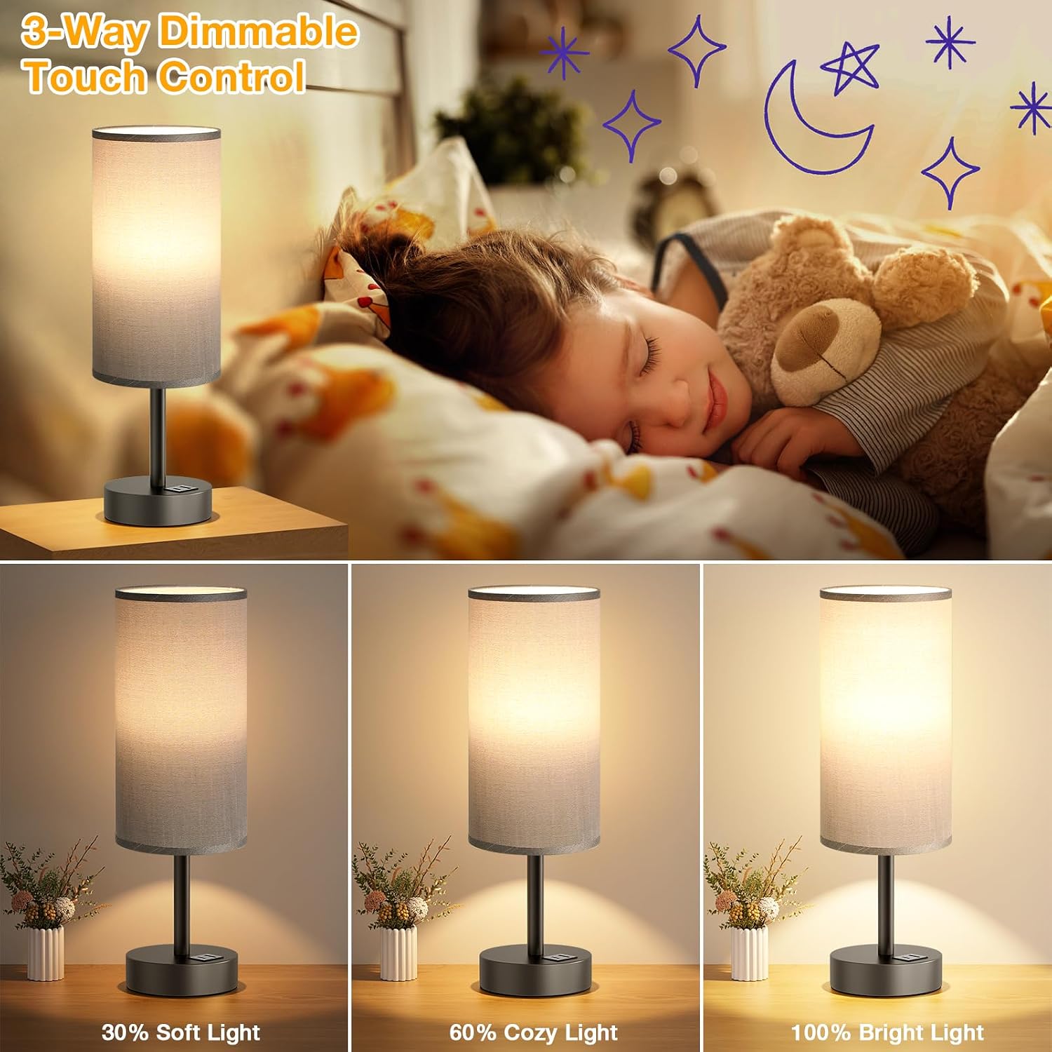 Dicoool Bedside Table Lamp for Bedroom - 3-Way Dimmable Touch Lamp, USB A+C