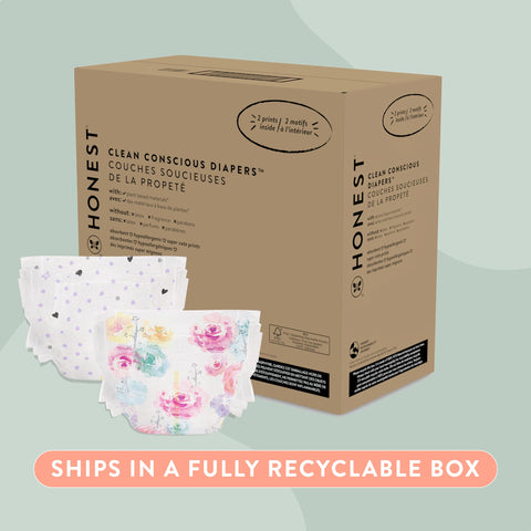 The Honest Company Clean Conscious Diapers | Plant-Based, Sustainable | Young at Heart + Rose Blossom | Super Club Box, Size 2 (12-18 lbs), 124 Count