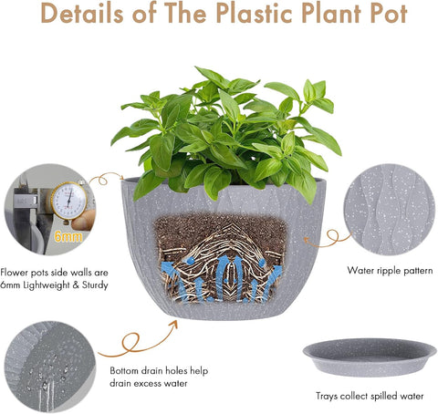 WSMKSZ 12 Inch Wide Water Ripples Flower Pots for Indoor or Outdoor Plants, Large Plant Pots with Drainage Holes & Saucer, Plastic Planters Set for Garden & Home Decor (Grey with White Speckles)