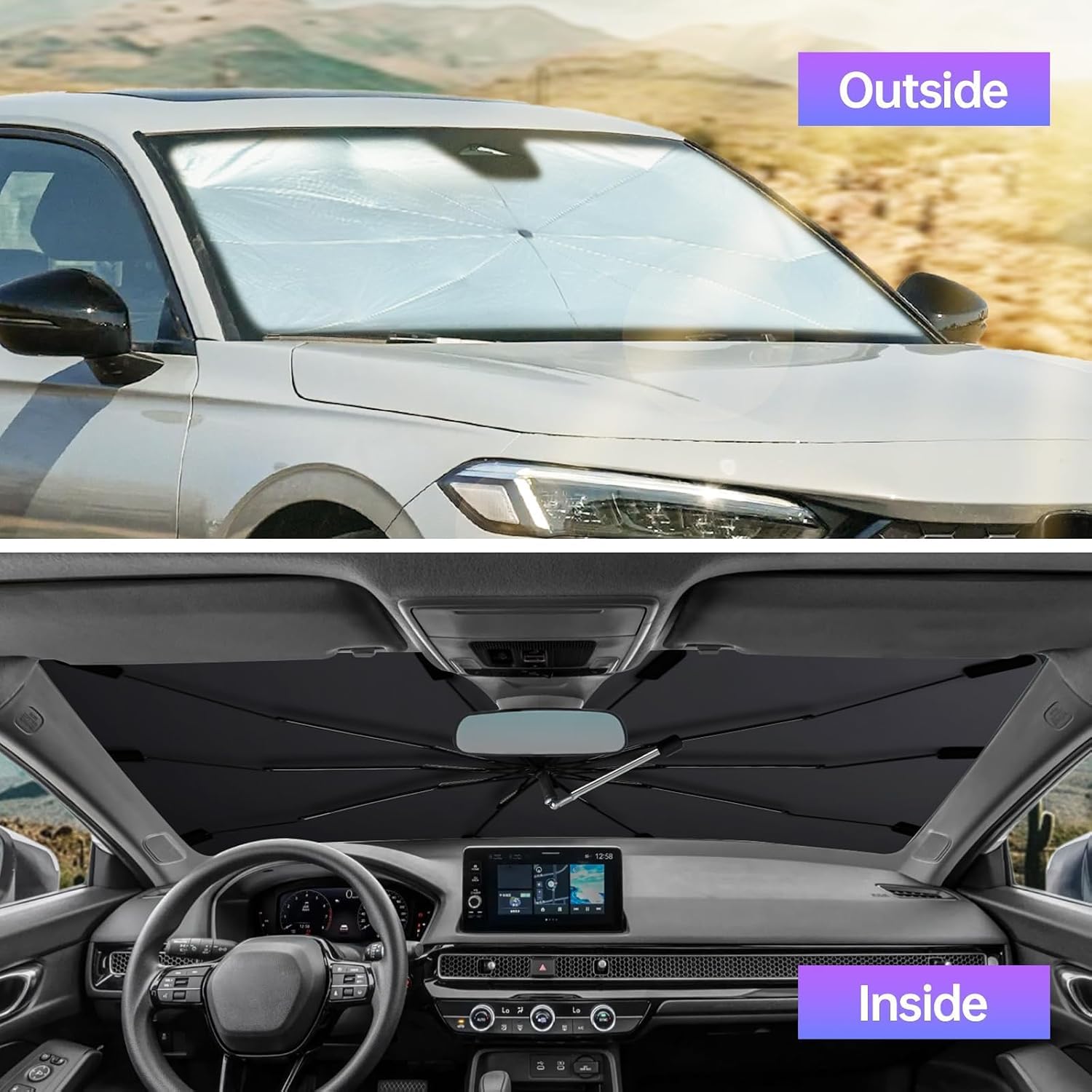 2026 Windshield Sun Shade Umbrella, Foldable Car Sunshade for Mid-Size Car