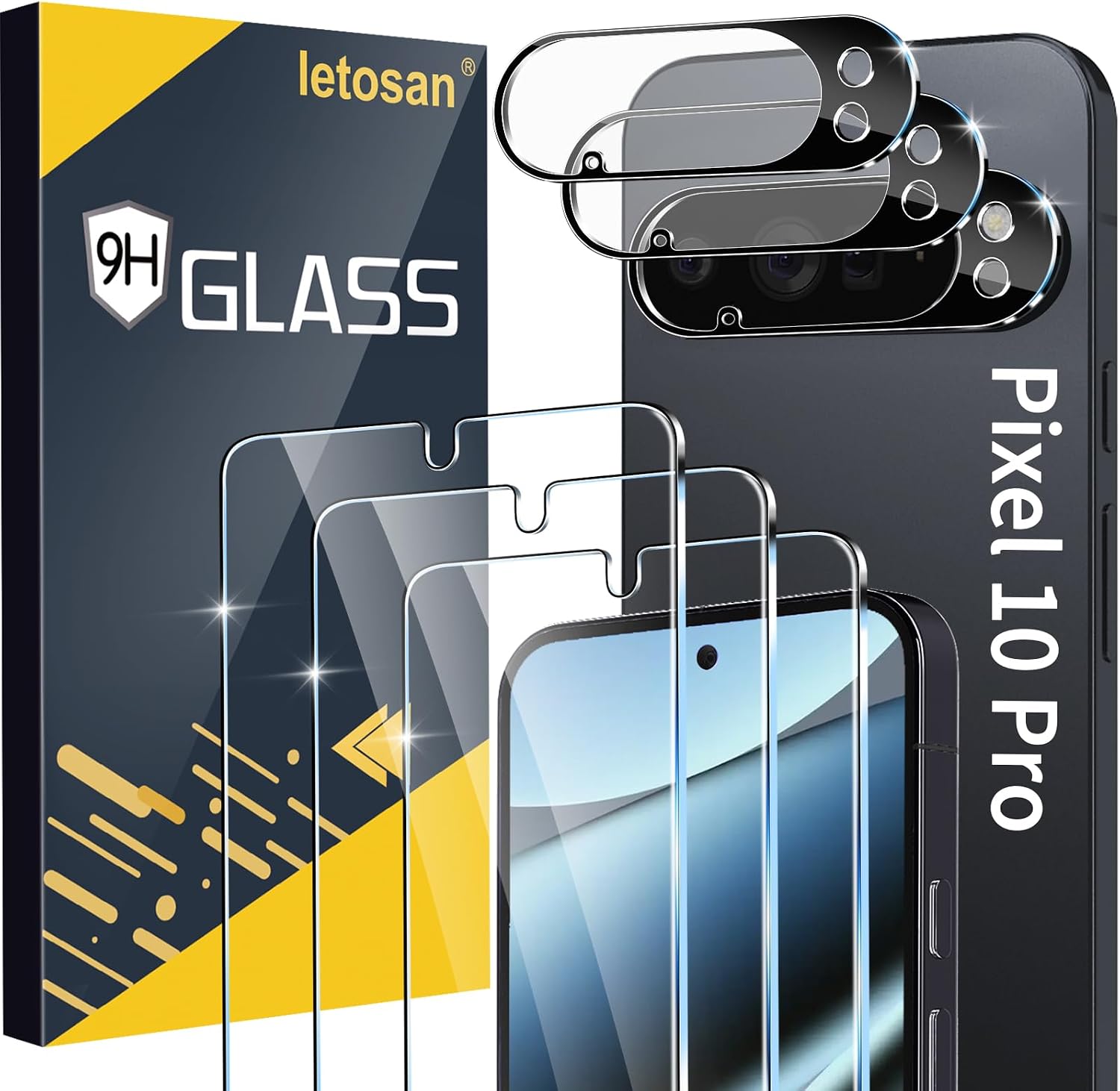 letosan 3 Pack for Google Pixel 10 Pro Screen Protector Tempered Glass + 3 Pack Camera Lens Protector, Military Grade Shatterproof, 9H Hardness, Fingerprint Unlock,Case Friendly 6.3 Inch