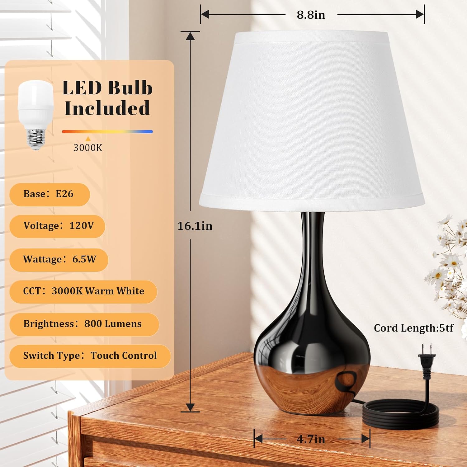 16.1" Touch Table Lamp for Nightstand, 3 Way Dimmable Small Bedroom Lamp