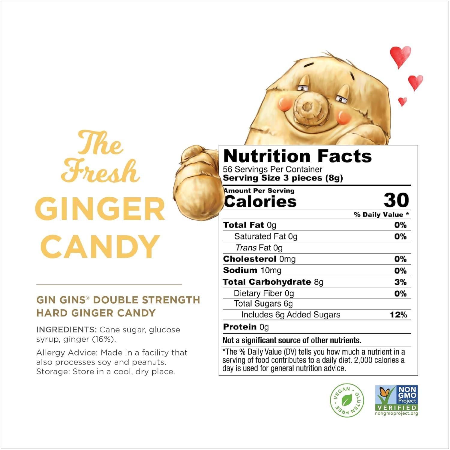 GIN GINS Double Strength Hard Ginger Candy Made w/Fresh Ginger 1lb 1Pk
