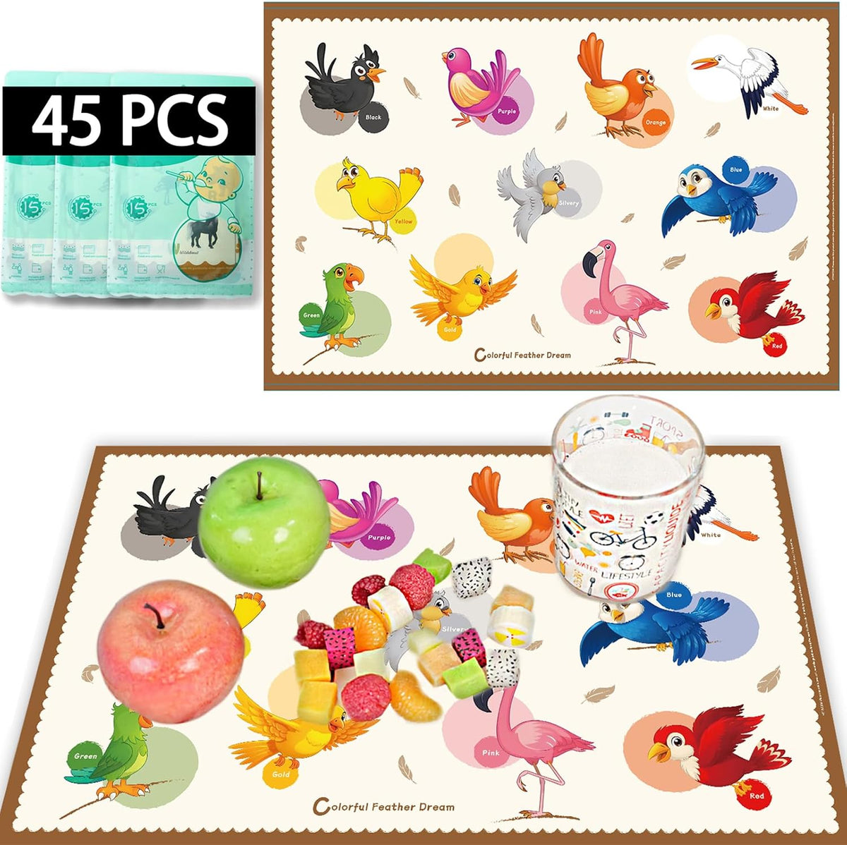 45 Pack Sticky Disposable Placemats for Baby & Toddlers, Cute Color Bird