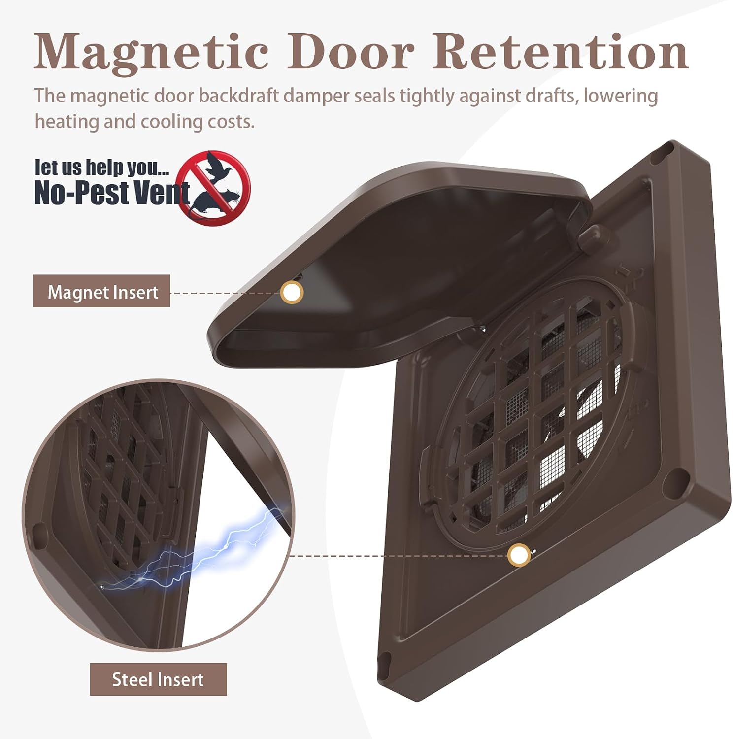 Dryer Vent Cover Outside 4 inch, Magnetic Door Design, Durable Airflow Vent with Lint Trap Screen, Thickened Material, 6 inch x 6 inch Size, Brown