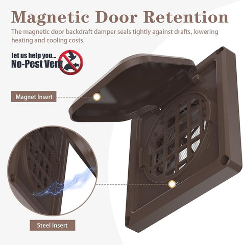 Dryer Vent Cover Outside 4 inch, Magnetic Door Design, Durable Airflow Vent with Lint Trap Screen, Thickened Material, 6 inch x 6 inch Size, Brown