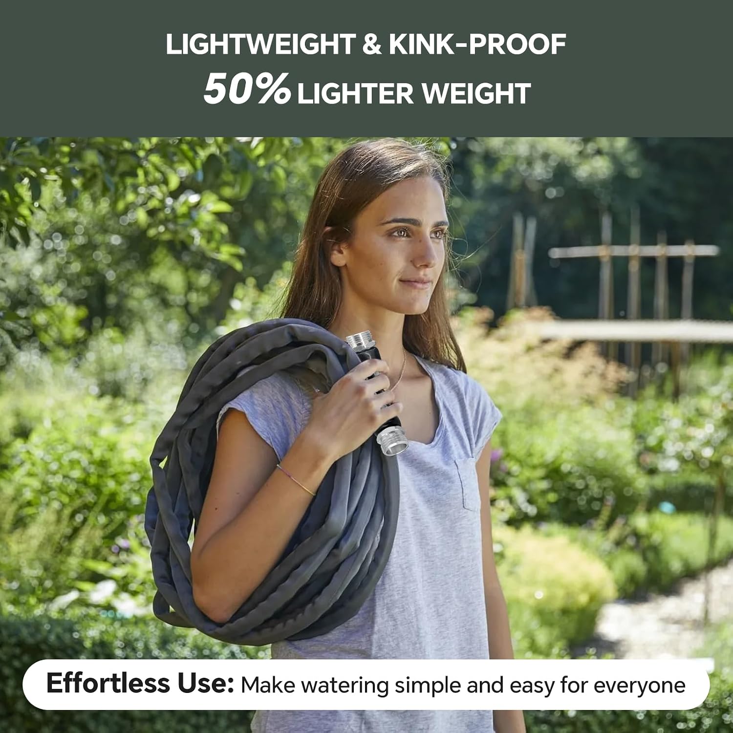 Garden Hose 50ft, Made of TPU(Not PVC), Ultra-Light & Flexible Water Hose, Non-Shrinking, Easy to Store, Drinking Water Safe Material, All-weather, Black&Gray