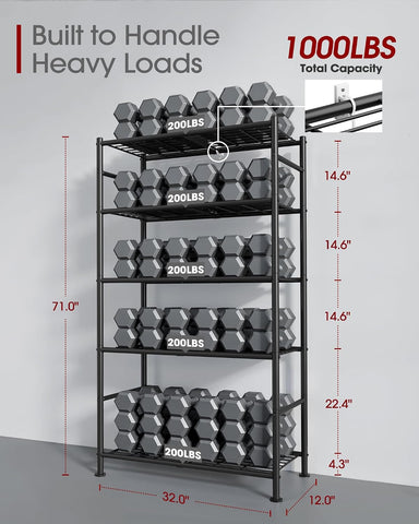 Sakugi Storage Shelves - 5 Tier Shelf Organizer, Heavy Duty Garage Shelving Unit with Leveling Feet, Stable Metal Shelves Organizer for Pantry, Kitchen and Closet, 33.0" W x 12.6" D x 72.0" H, Black