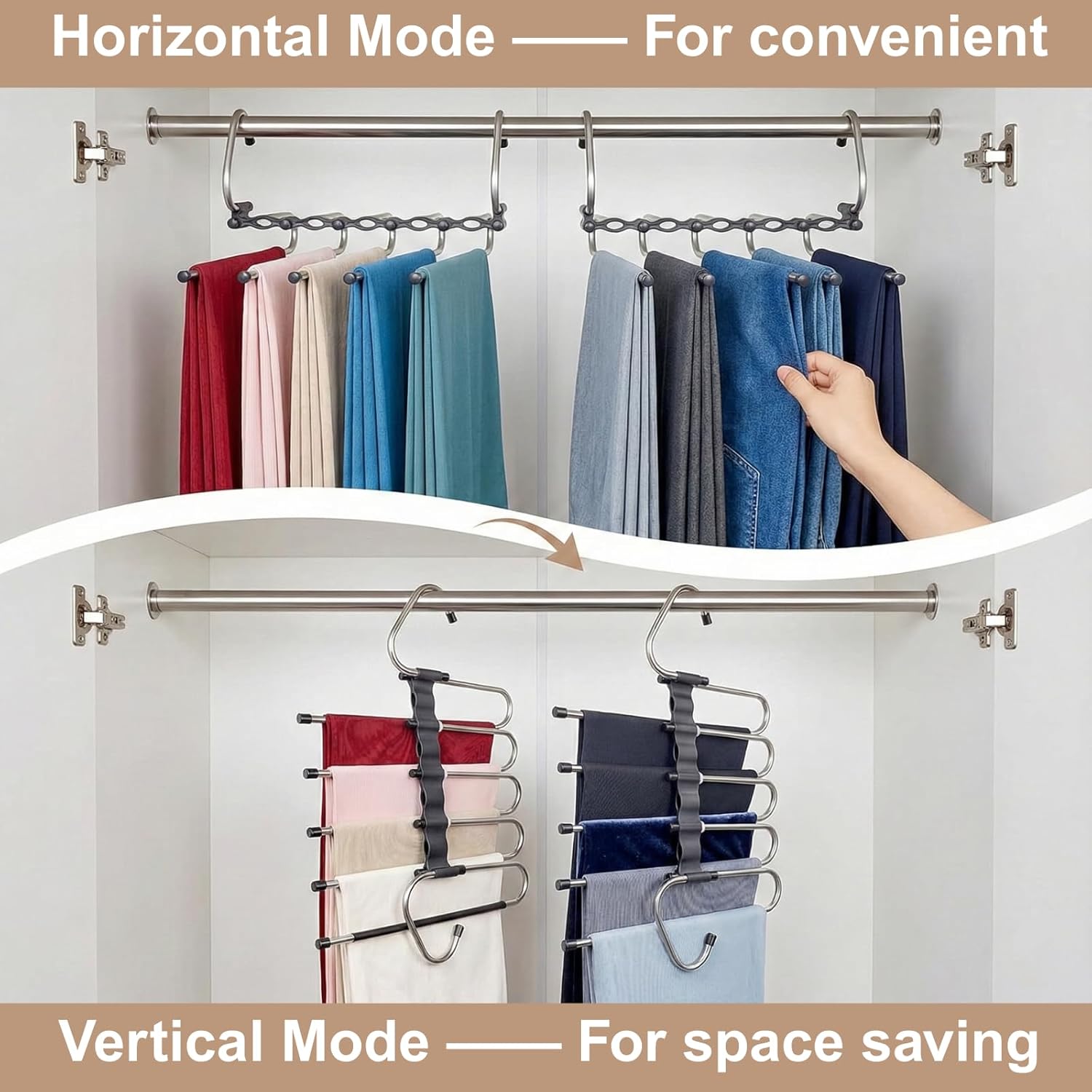 Pants Hangers Space Saving, 5 Tier Jeans Hanger for Closet, Black Multiple Heavy Duty Stainless Steel Pant Rack for Trousers, Legging with 20 Clips (4 Pack)