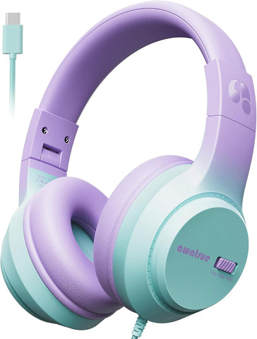 awatrue USB‑C Kids Headphones for School,74‑85‑94dB Limiter, w/Mic HK07C