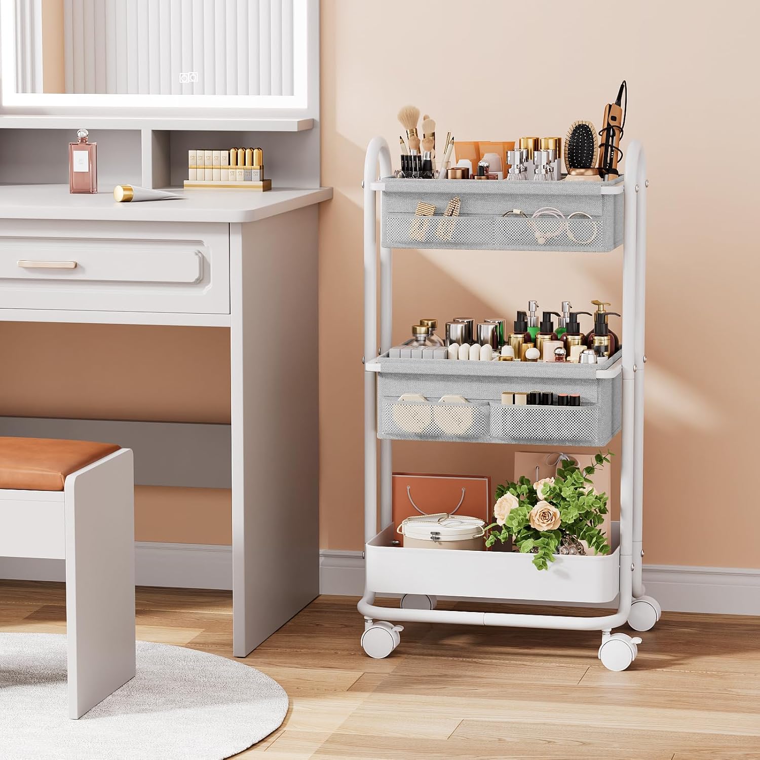 Modanais Baby Diaper Caddy Organizer Cart - 3 Tier Rolling Cart, Light Gray