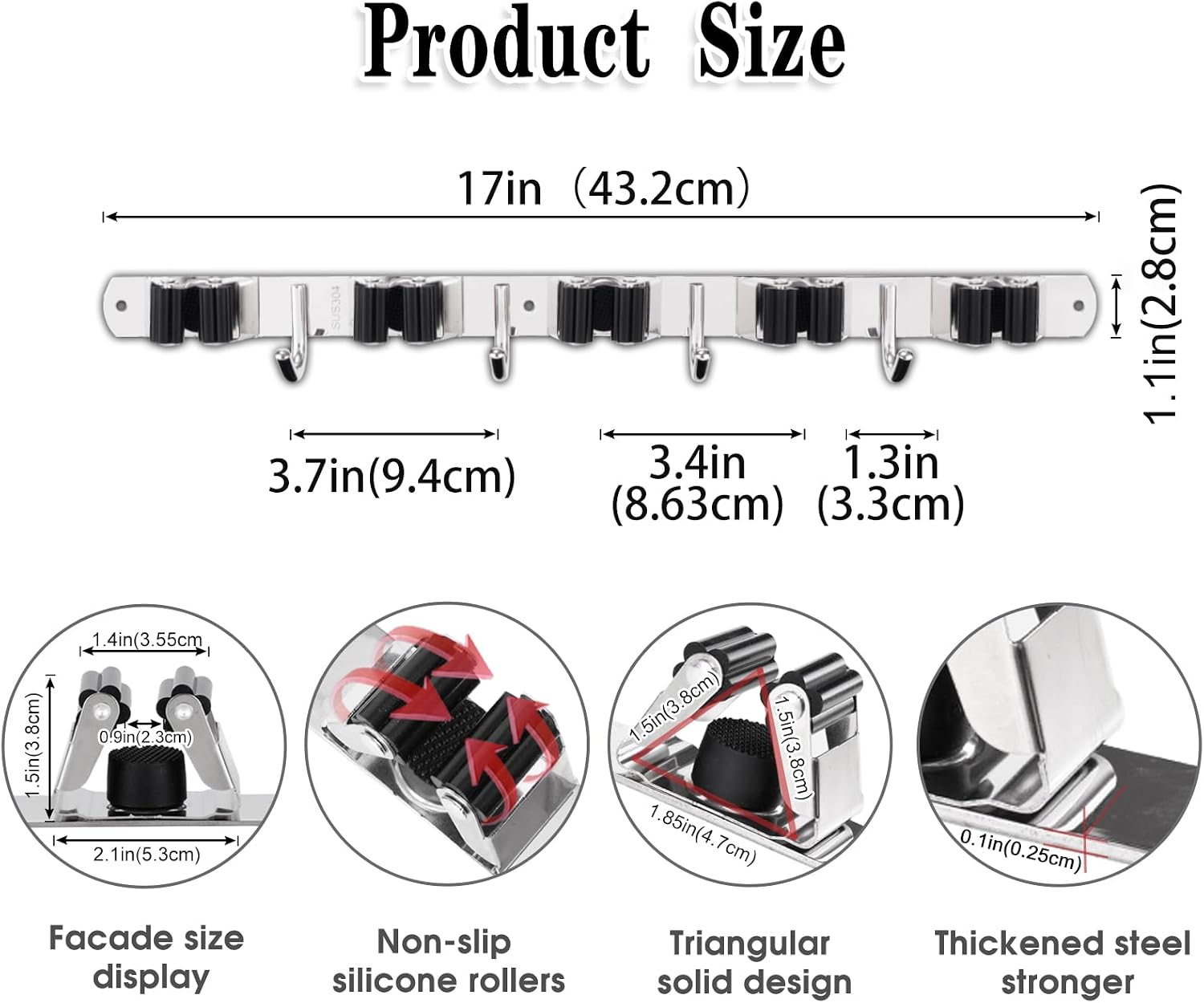 2 Pack Broom Holder Wall Mount, 5 Racks 4 Hooks Mop and Broom Organizer