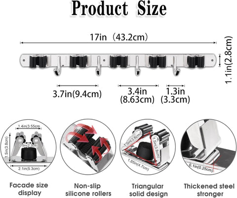 2 Pack Broom Holder Wall Mount, 5 Racks 4 Hooks Mop and Broom Organizer