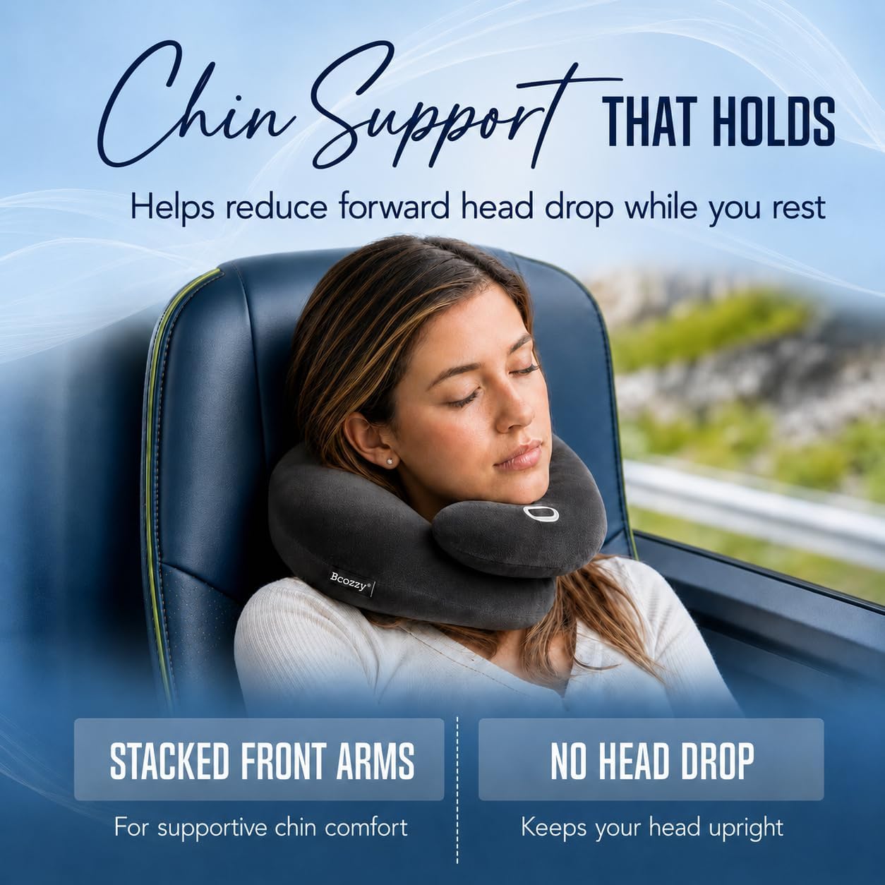 BCOZZY Flat-Back Travel Neck Pillow - Patented Head, Neck & Chin Support for Comfortable Resting on Airplanes, in Cars and Recliners. Soft, Adjustable, Fully Washable, Large, Gray
