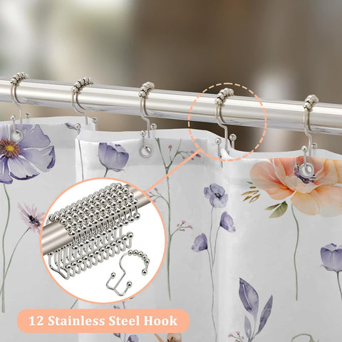 AWERT Floral Shower Curtain for Bathroom Violet Beige Flower Shower Curtain with Liner 3 in 1 Shower Curtain Set Clear PEVA Liner with 12 Rust Proof Hooks 70x70 inch
