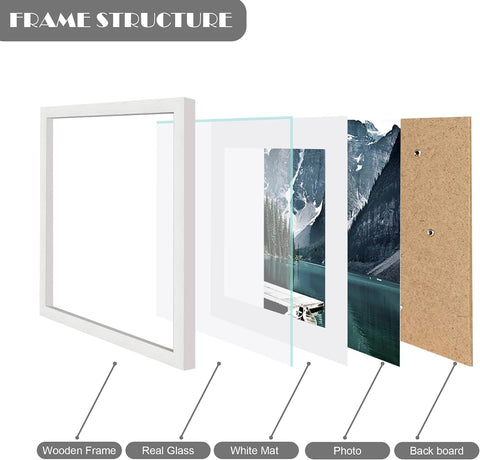 Hongkee 12x12 White Picture Frames Set of 3, Real Glass, Wood Frame,Mat 8x8