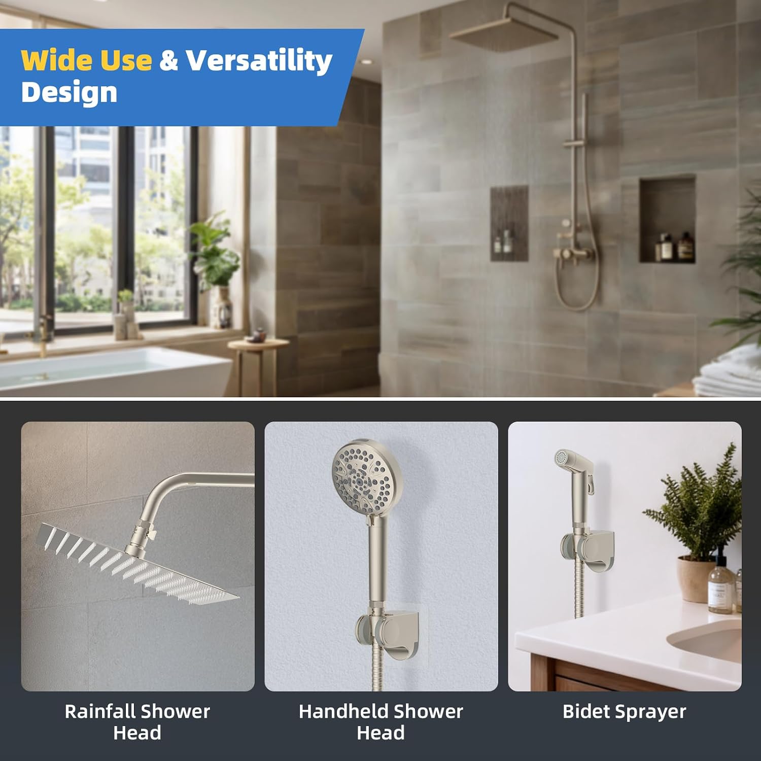 Hibbent All Metal 3 Pack Shower Head Flow Control Valve, G1/2 Brass Shut-off Valve with Metal Handle Lever, Shut OFF Water Flow Control Regulator for Handheld Shower, or Bidet Sprayer, Brushed Nickel