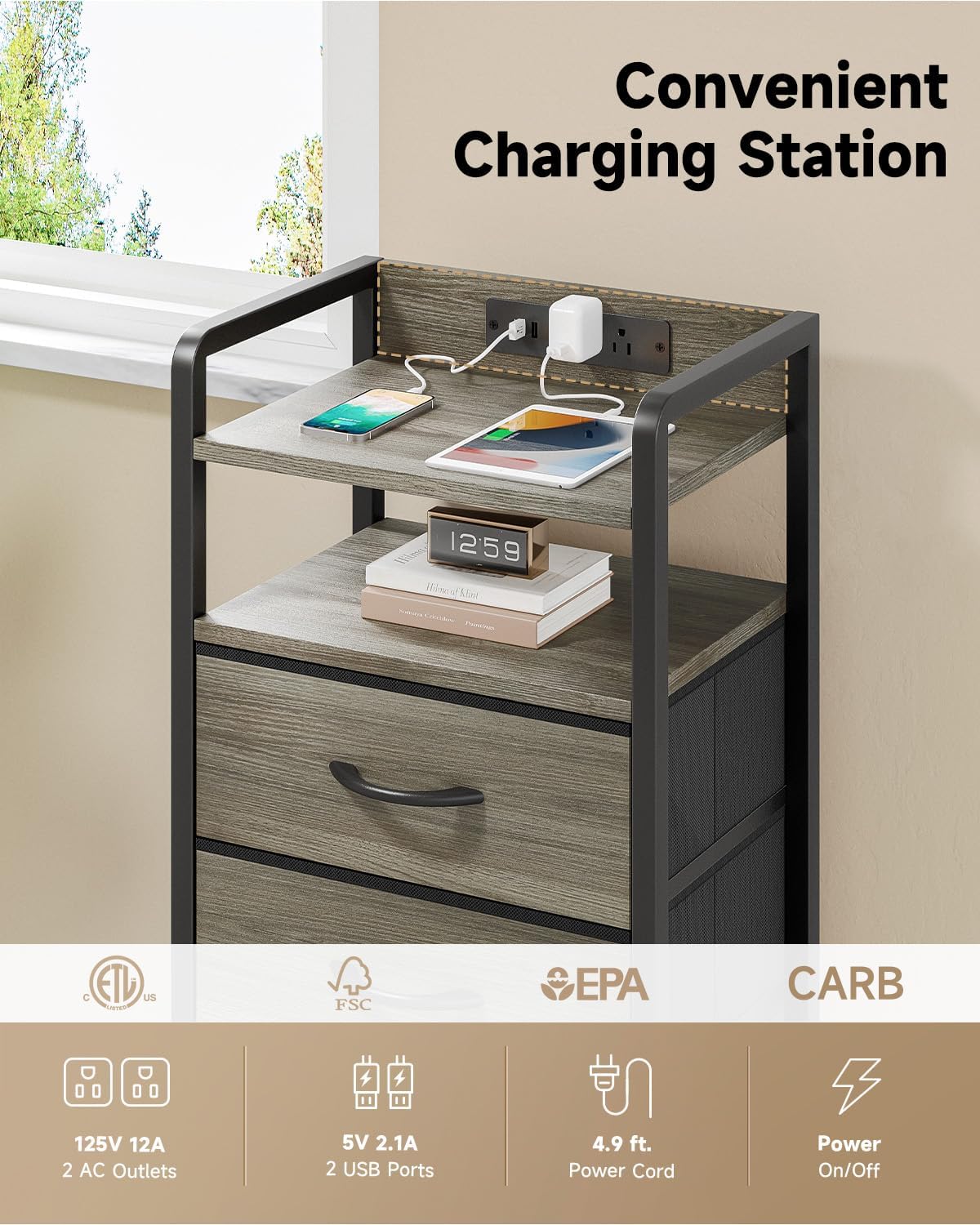 Lazzanto Nightstand with Rear Charging Station, LED Light, 2 Drawers, Grey