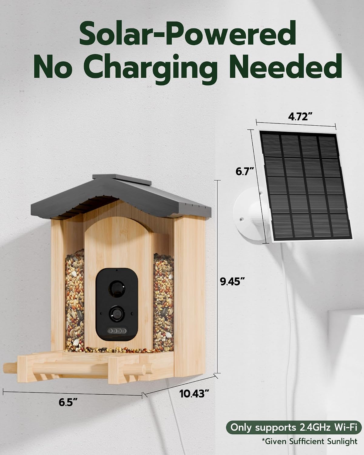 VISIOGEAR Bird Feeder with Camera, Smart Bird Feeder for Outdoors, Wild Birds Feeders with Solar Panel Bamboo Birds House Camera for Birdlovers, AI Auto Capture Birds & Real-time Notification (Gable)