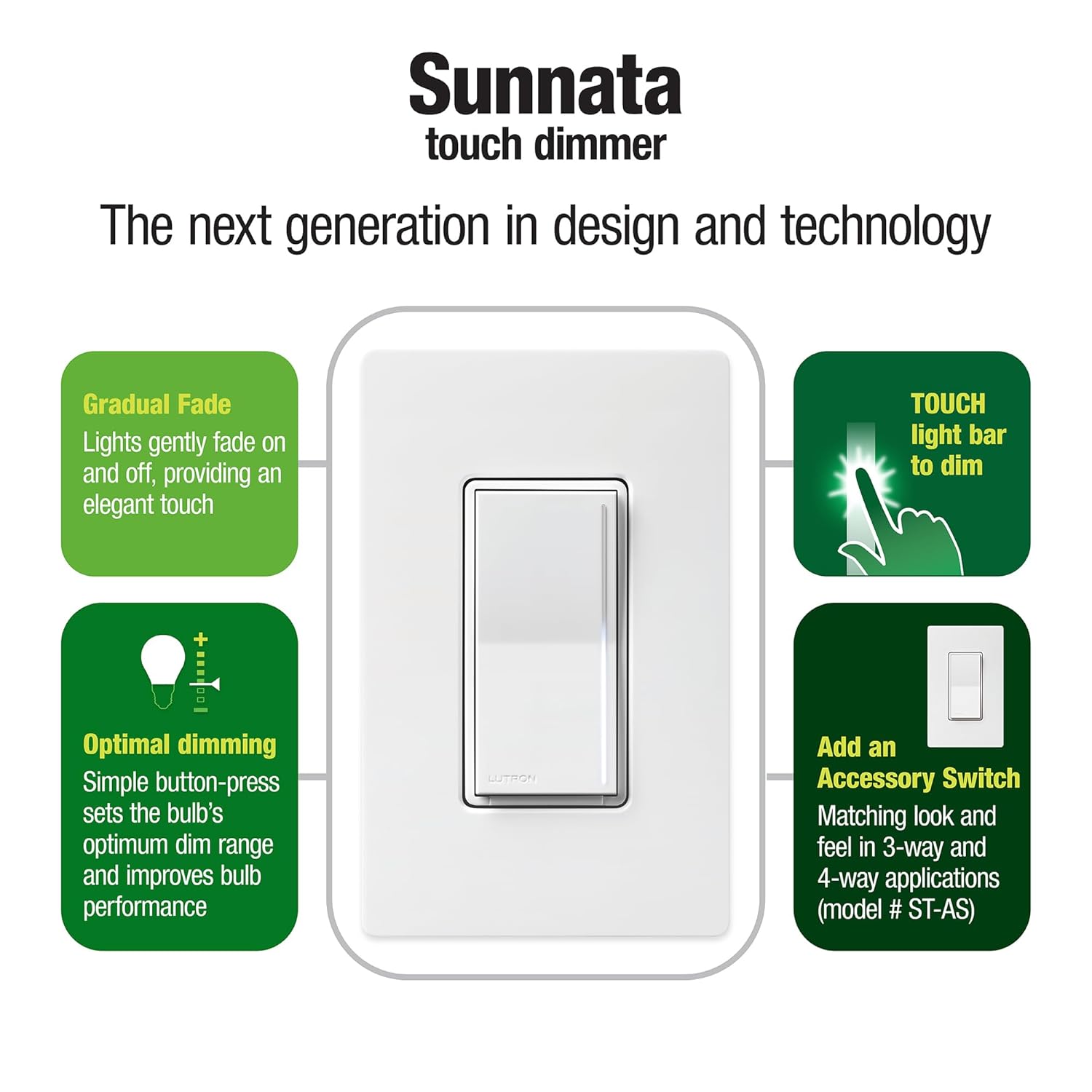 Lutron Sunnata LED+ Dimmer Switch, Touch Dimmer, Single Pole/3-way
