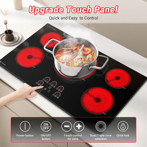 AMZCHEF 36" Electric Cooktop, 5 Burners, 9000W, Touch Control, Built-in