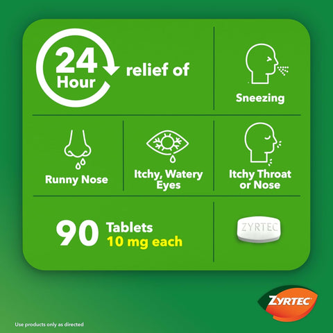 Zyrtec 24-Hour Allergy Relief Tablets, 90-Ct Size Plus 3x1-Ct Packs