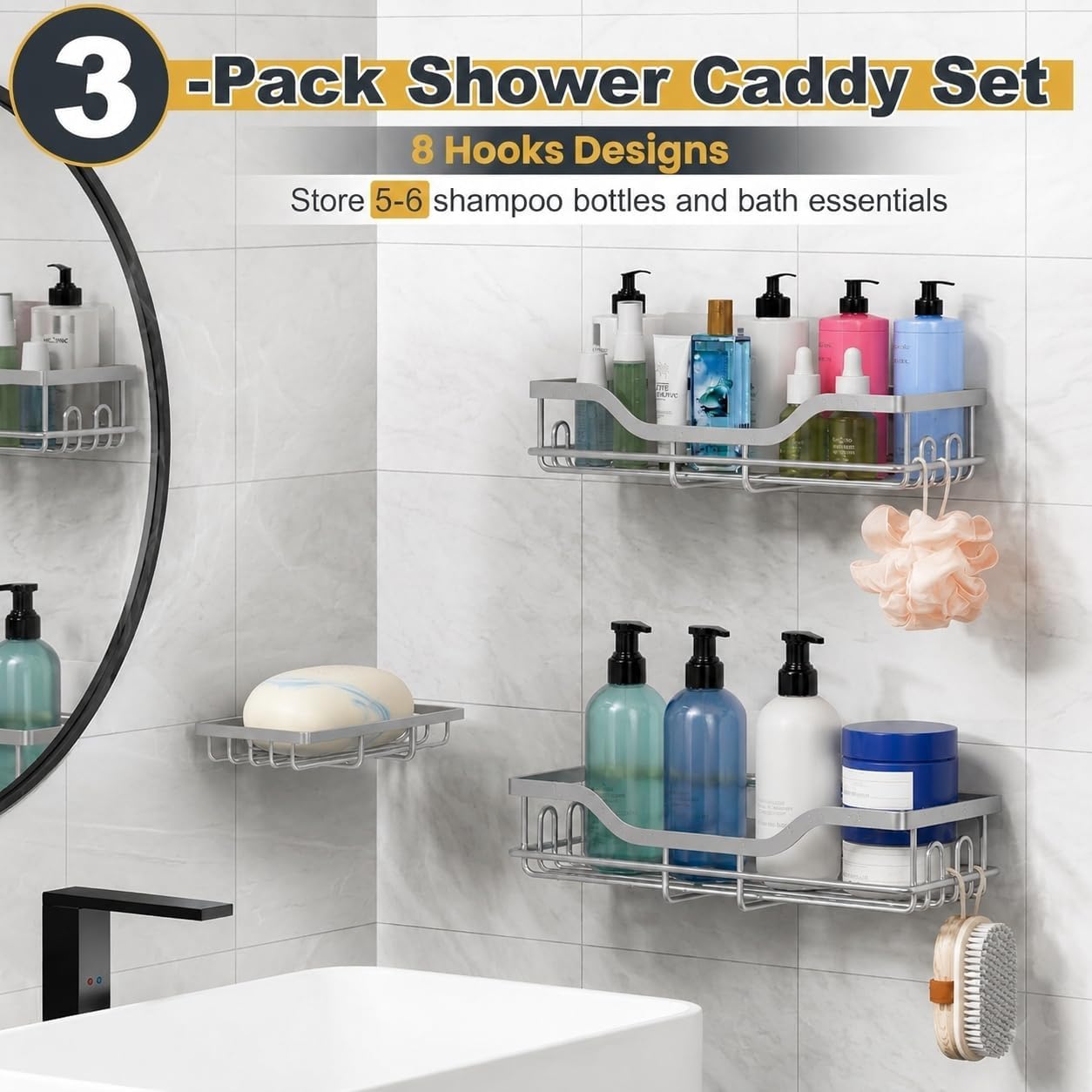 OMAIRA 3-Pack Shower Caddy with Soap Holder, Adhesive Rustproof No-drill Strudy Loading Inside Shower Organizer Shelves Rack Storage Bathroom Organization for Smooth Wall Glass Tile, Grey