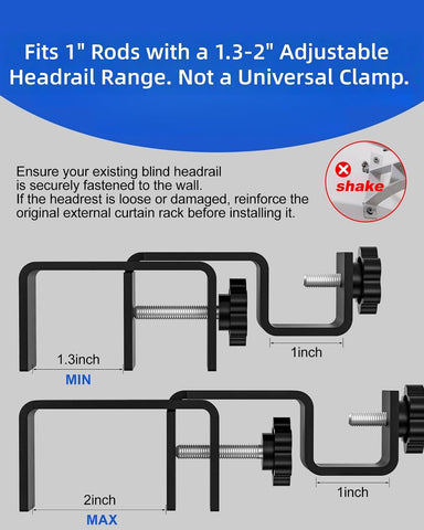 Over-Blinds Curtain Rod Brackets for Outside-Mounted Blinds, Blinds Curtain Rod Brackets for 1.3–2” Rectangular Headrails, Tool-Free No-Drill Installation for Apartments, Rentals Set of 2 (Black)