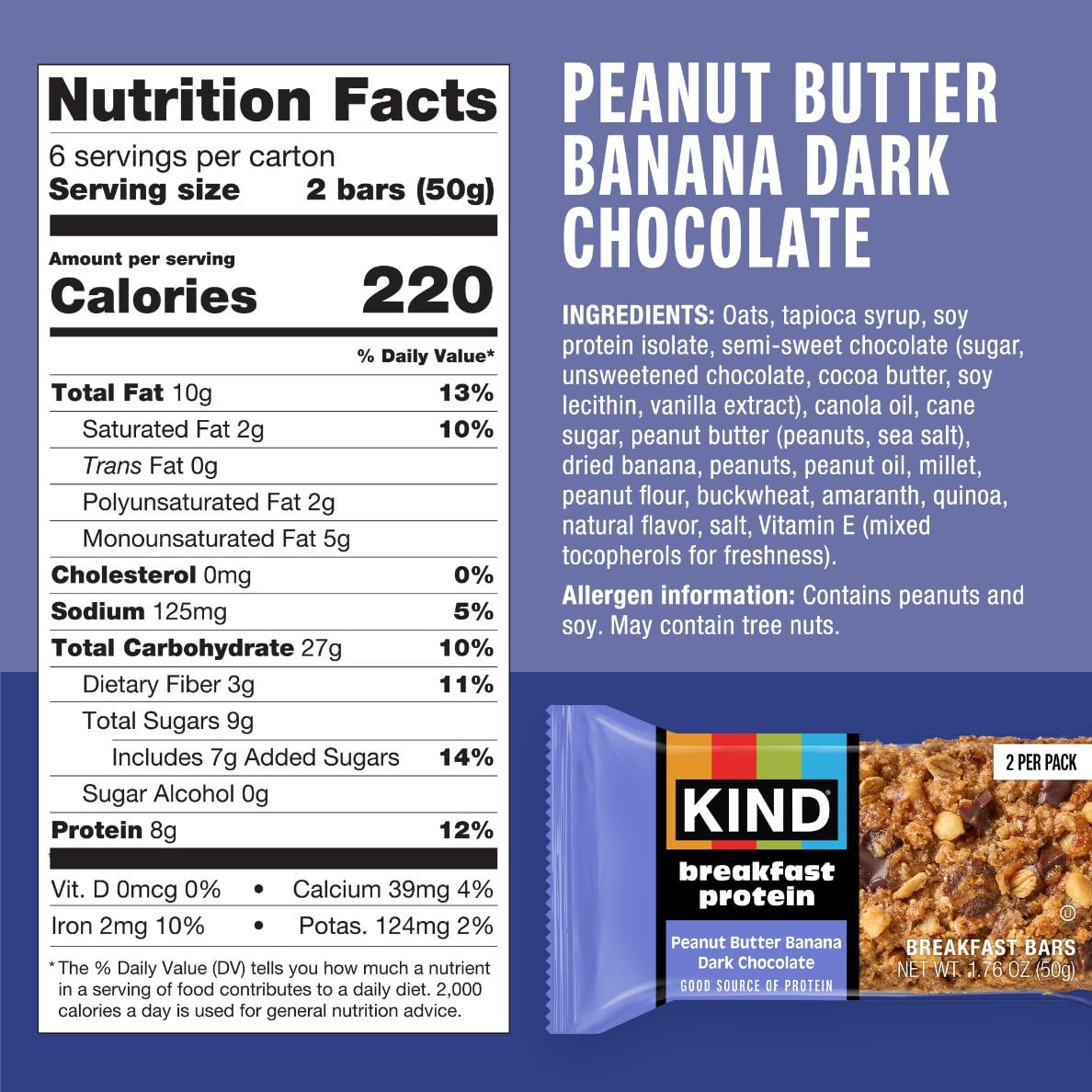 KIND Breakfast Protein Bars, Peanut Butter Banana Dark Chocolate, Gluten Free, Low Sodium, Healthy Snacks, 8g Protein, 30 Count (30 Packs of 2 Bars)