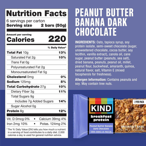KIND Breakfast Protein Bars, Peanut Butter Banana Dark Chocolate, Gluten Free, Low Sodium, Healthy Snacks, 8g Protein, 30 Count (30 Packs of 2 Bars)