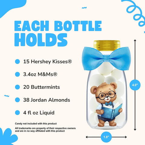 Ethisa Small 12 Pack We Can Bearly Wait Party Favors for Boy - Candy Jars with Bowties and Stickers - DIY Party Decoration Bottles for Baby Shower and Gender Reveal - Blue Teddy Bear Table Centerpiece