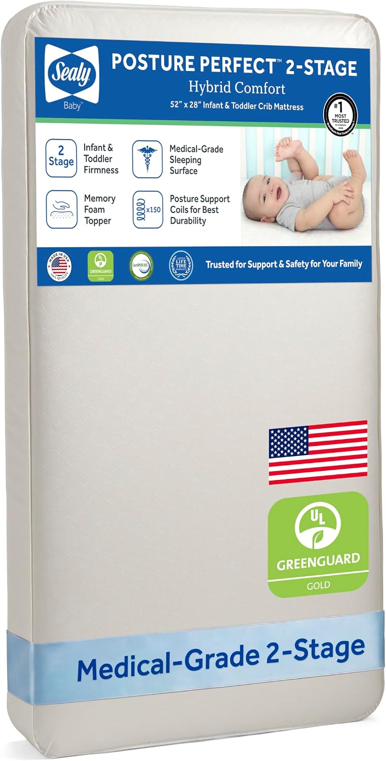 Sealy Baby Posture Perfect Breathable Crib Mattress, GREENGUARD Gold Certified, Made in USA, 2 Stage Hybrid Memory Foam & 150 Premium Coils, Toddler Bed Fit, Safety & Quality Tested, 52x28"