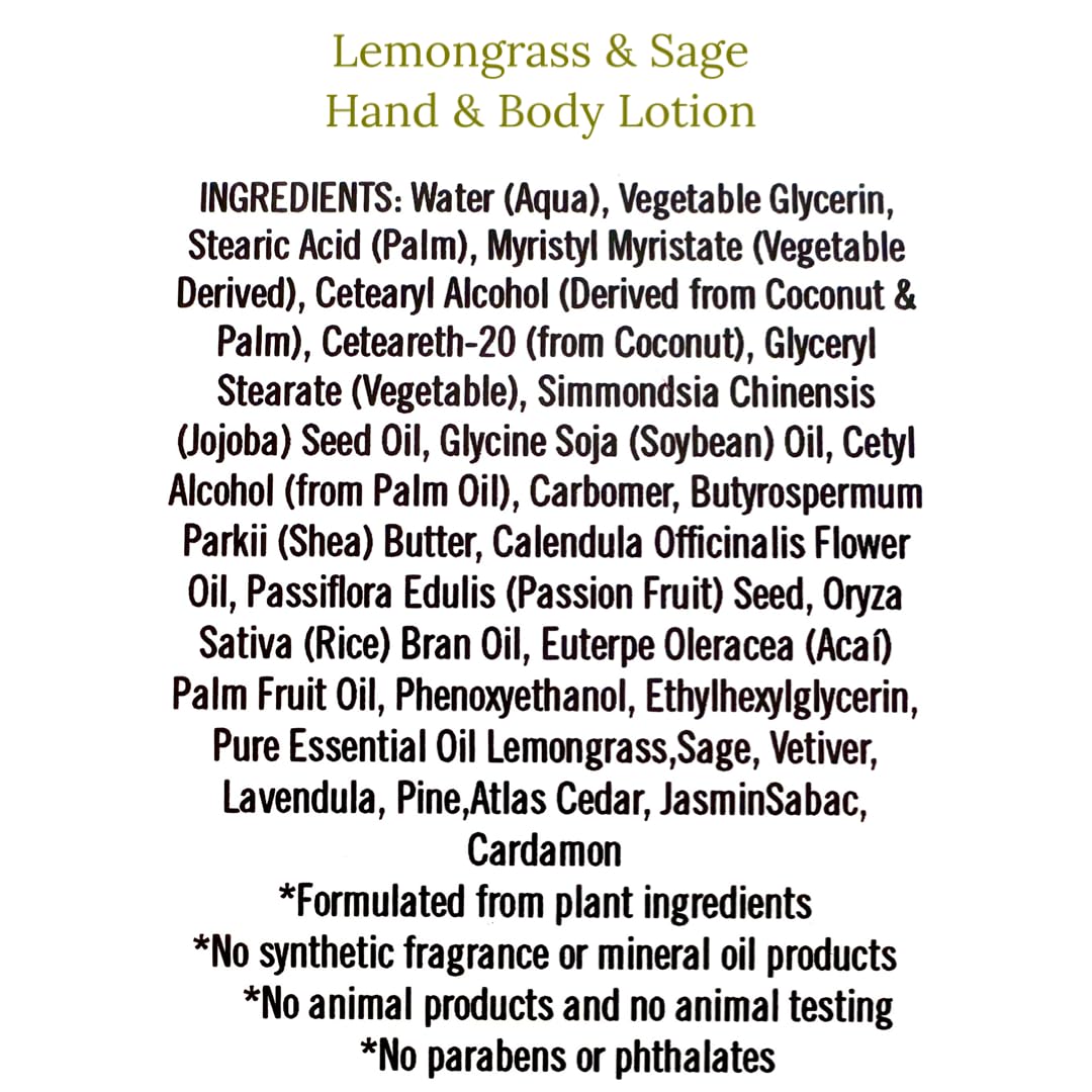 Lemongrass & Sage Hand & Body Lotion for Dry Skin Natural-Organic Shea Butter & Acaí Fruit Oil 8oz