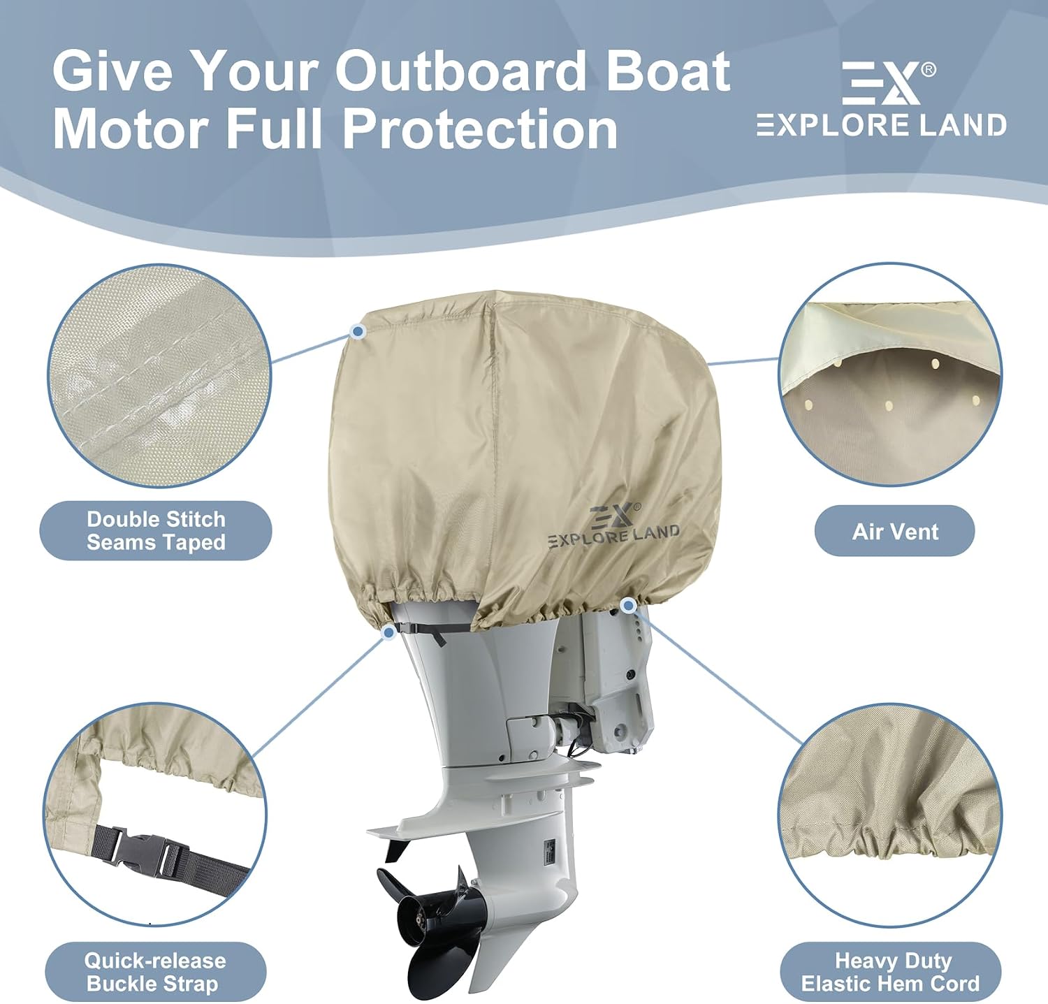 Explore Land Waterproof 600D Outboard Motor Cover 50-115 HP, Tan