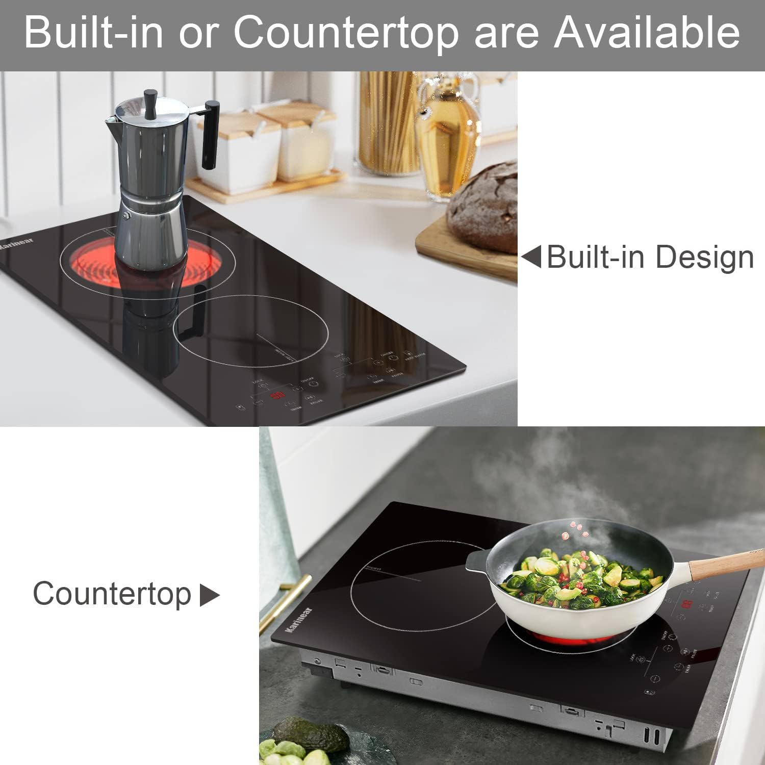 Karinear 2 Burners Electric Cooktop, 110v Plug in Ceramic Cooktop, 12 Inch