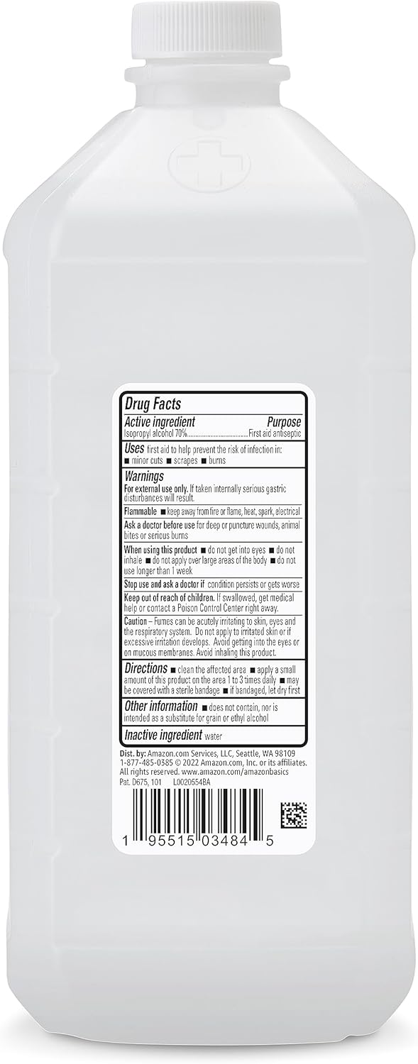 Amazon Basics 70% Isopropyl Alcohol First Aid Antiseptic for Treatment of Minor Cuts and Scrapes, Unscented, 32 Fl Oz (Pack of 2) (Previously Solimo)